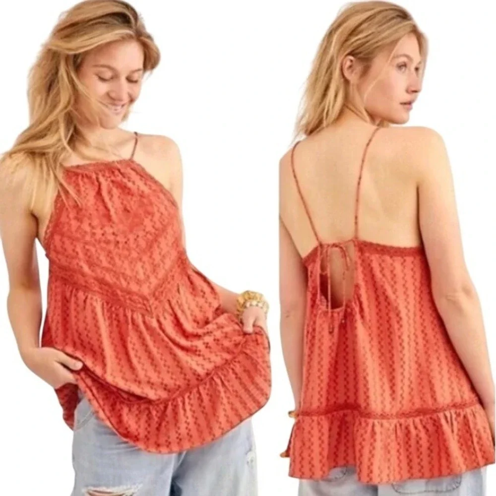 Free People Elisa Tunic Tank Top XS Coral‎ Orange Lace Trim Halter Sleeveless